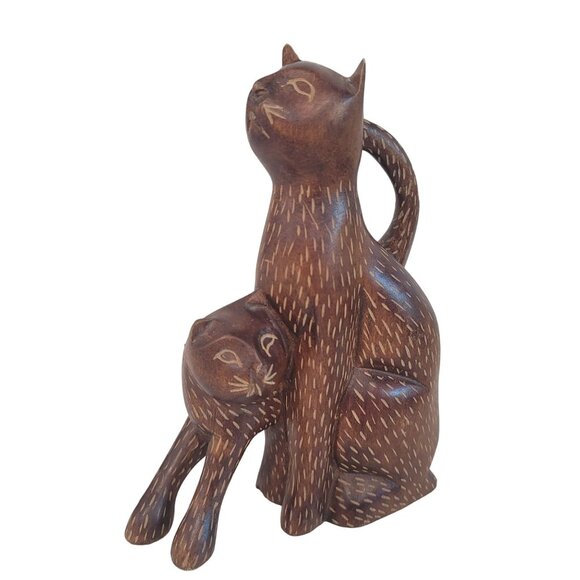 hand made wooden cat figurine 2 kitten cats carved out of wood art decor brown - Picture 3 of 8